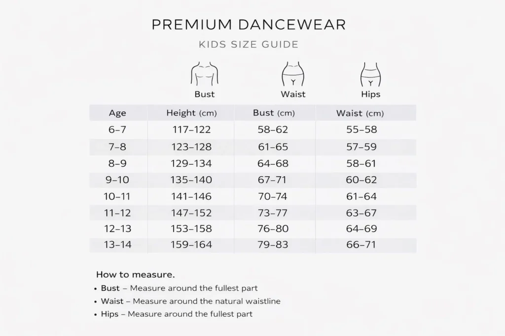 Premium Dancewear Size Chart for Kids